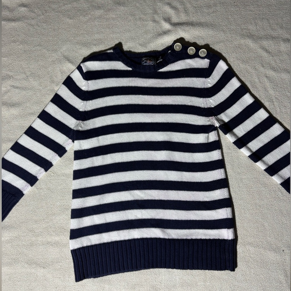 American Living VINTAGE Navy White Stripe Knit Nautical Button Shoulder Sweater